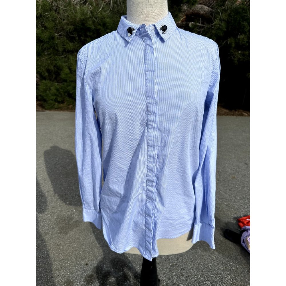HM Shirt 6 Blue Striped Button Up Collared Beaded Long Sleeve Adult Womens